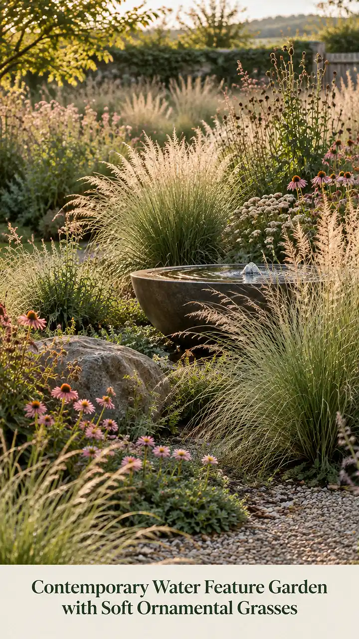 Contemporary Water Feature Garden with Soft Ornamental Grasses