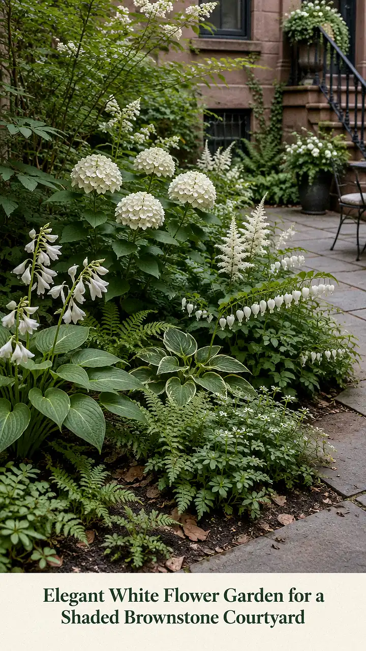 Elegant White Flower Garden for a Shaded Brownstone Courtyard