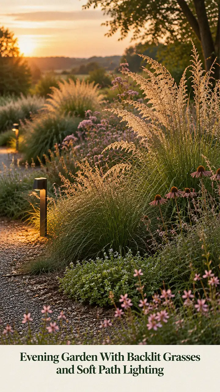 Evening Garden With Backlit Grasses and Soft Path Lighting