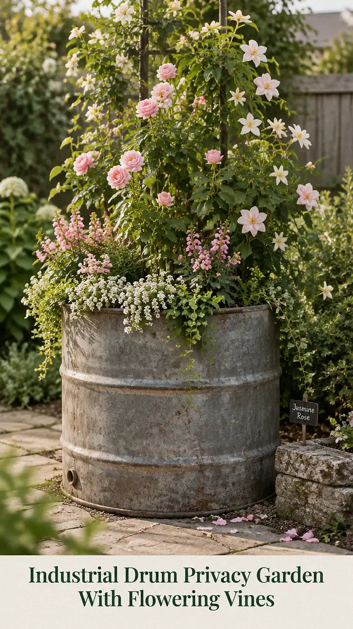 Industrial Drum Privacy Garden With Flowering Vines