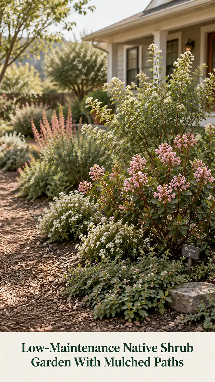 Low-Maintenance Native Shrub Garden With Mulched Paths