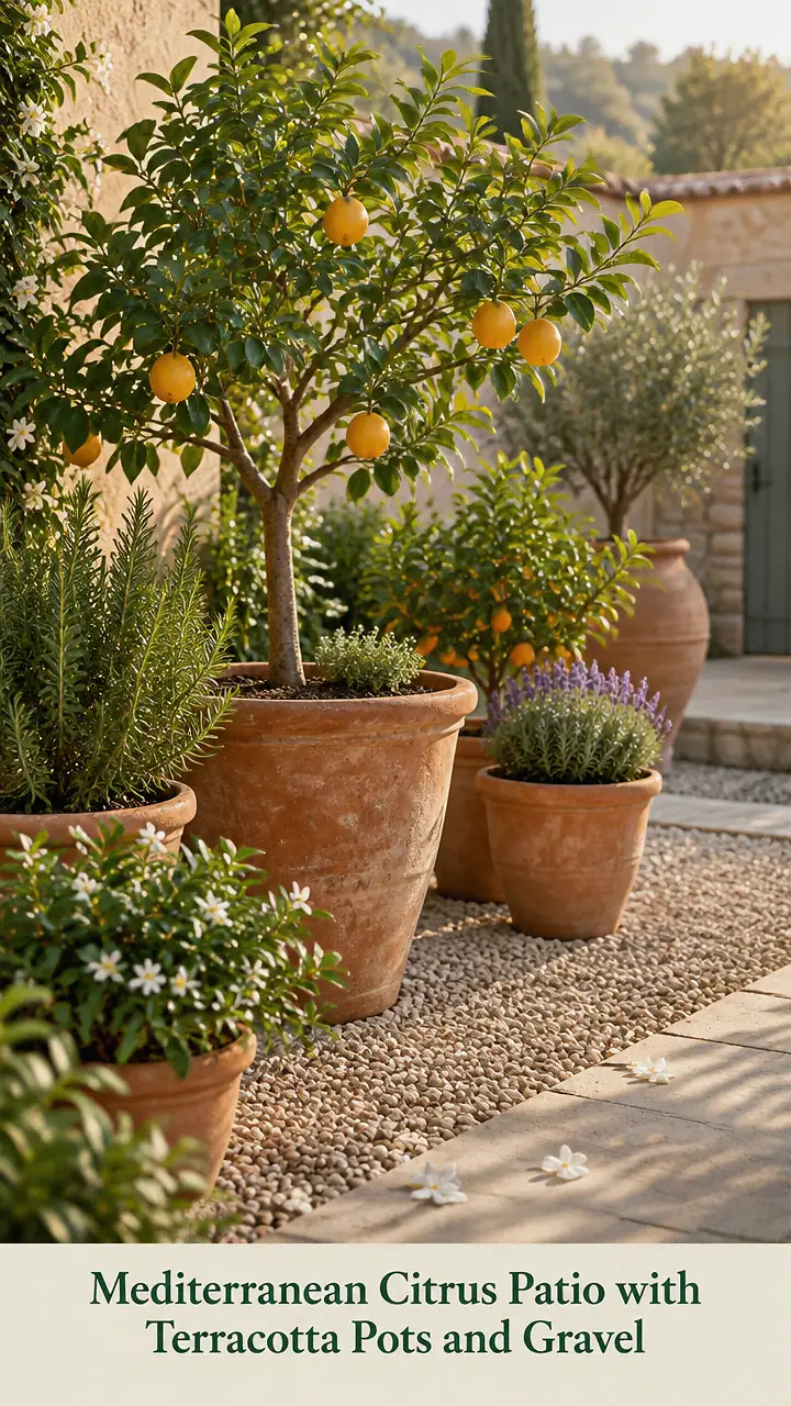 Mediterranean Citrus Patio with Terracotta Pots and Gravel