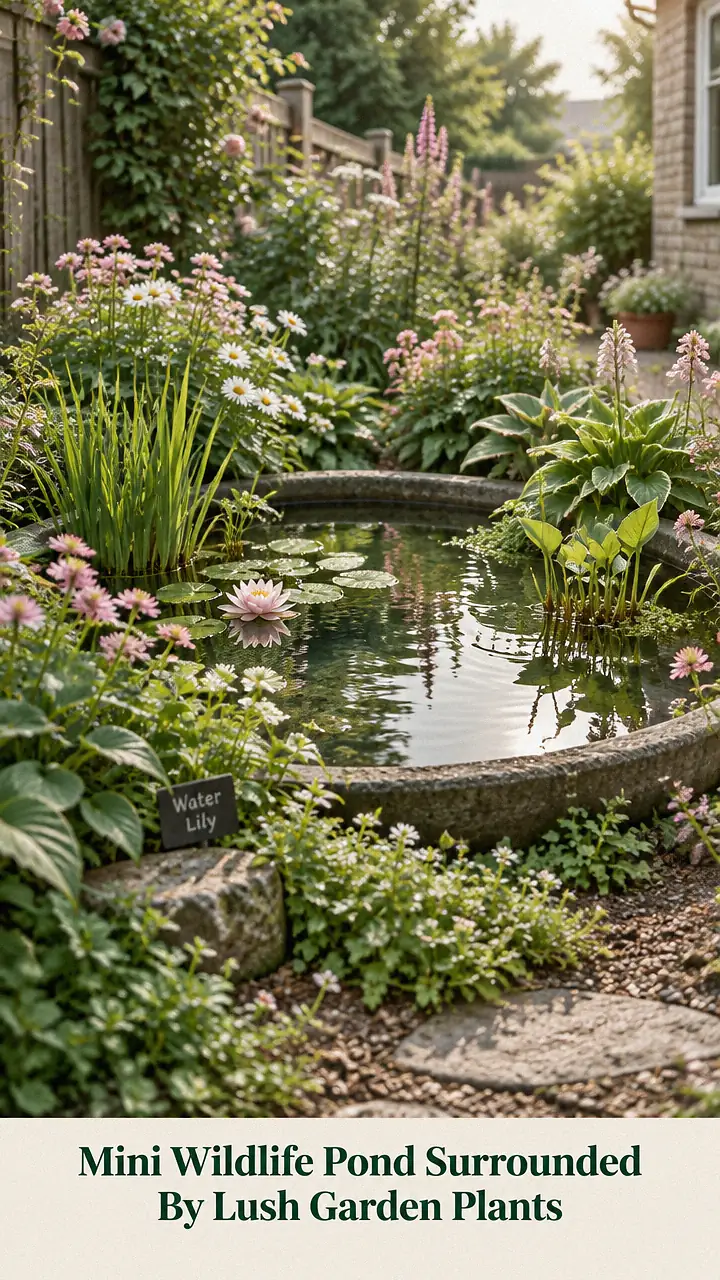 Mini Wildlife Pond Surrounded By Lush Garden Plants