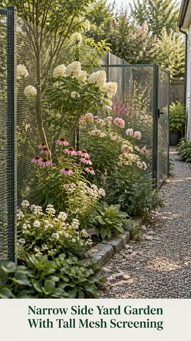 Narrow Side Yard Garden With Tall Mesh Screening