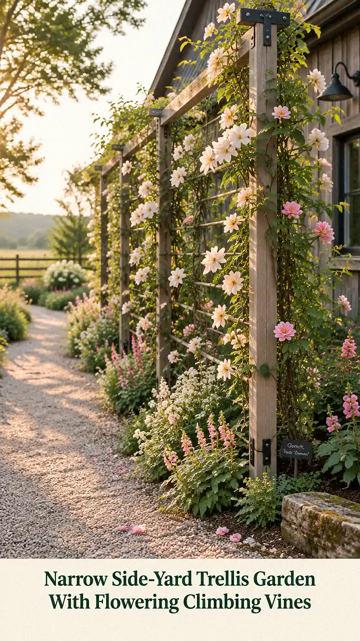 Narrow Side-Yard Trellis Garden With Flowering Climbing Vines