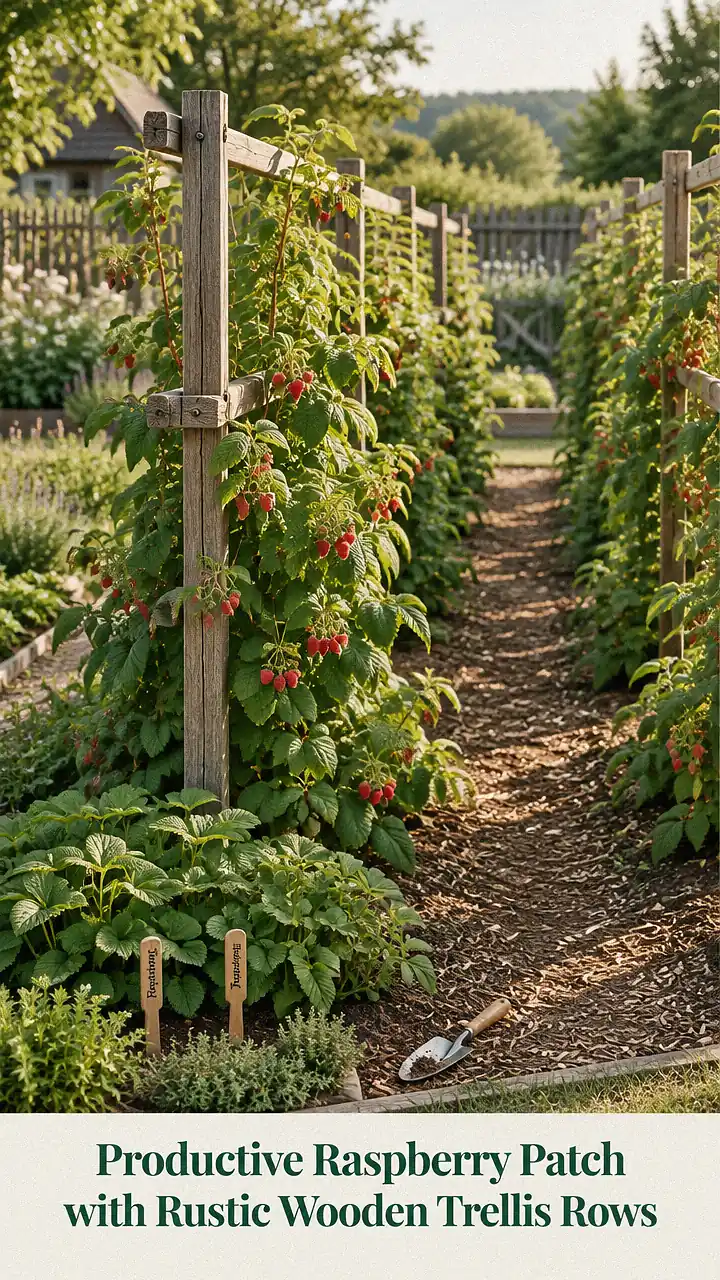 Productive Raspberry Patch with Rustic Wooden Trellis Rows