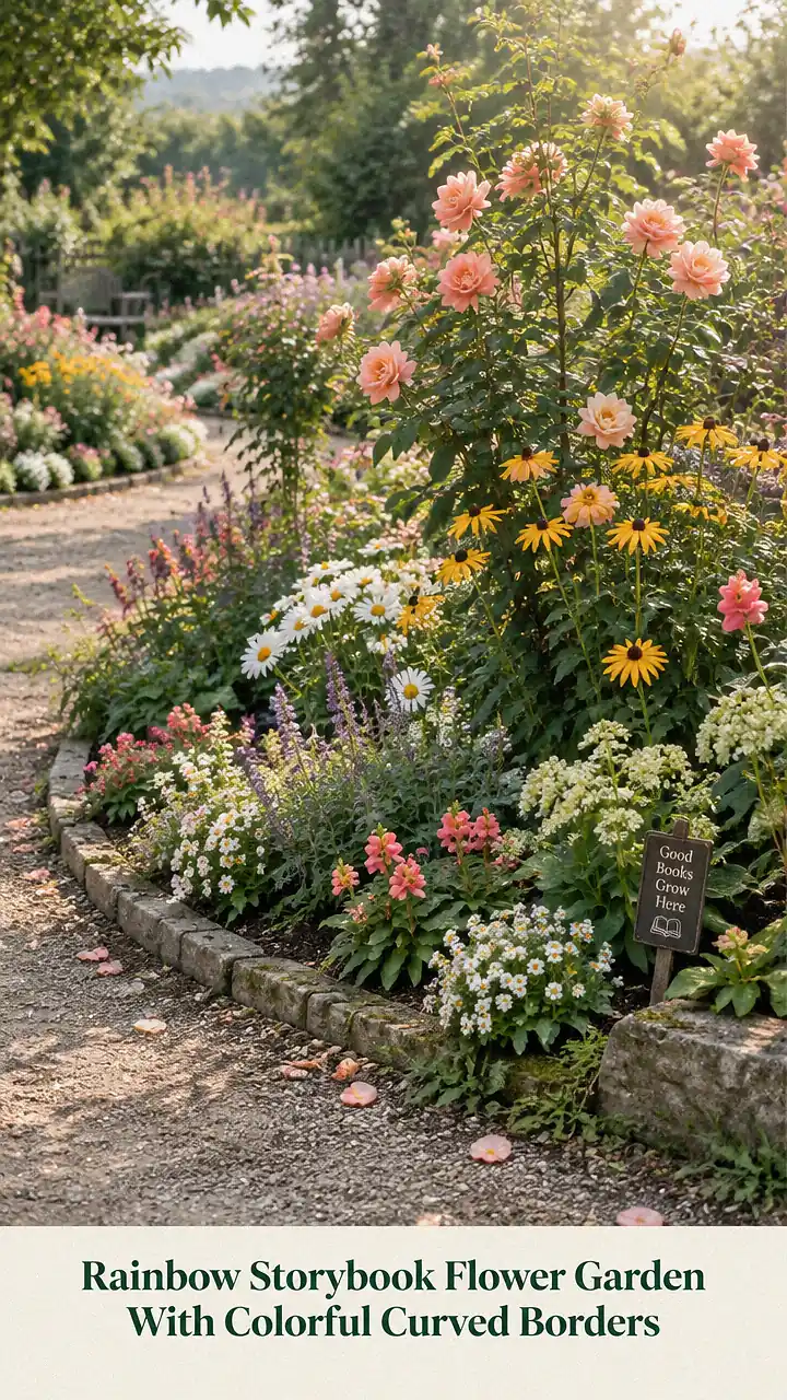 Rainbow Storybook Flower Garden With Colorful Curved Borders