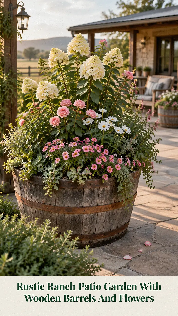 Rustic Ranch Patio Garden With Wooden Barrels And Flowers