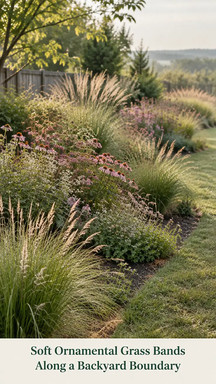 Soft Ornamental Grass Bands Along a Backyard Boundary