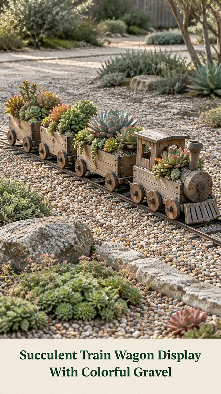 Succulent Train Wagon Display With Colorful Gravel