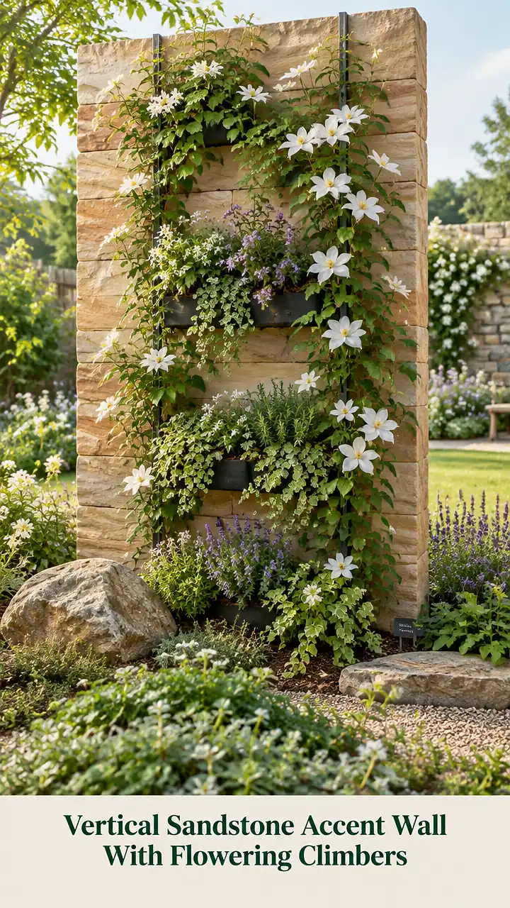 Vertical Sandstone Accent Wall With Flowering Climbers