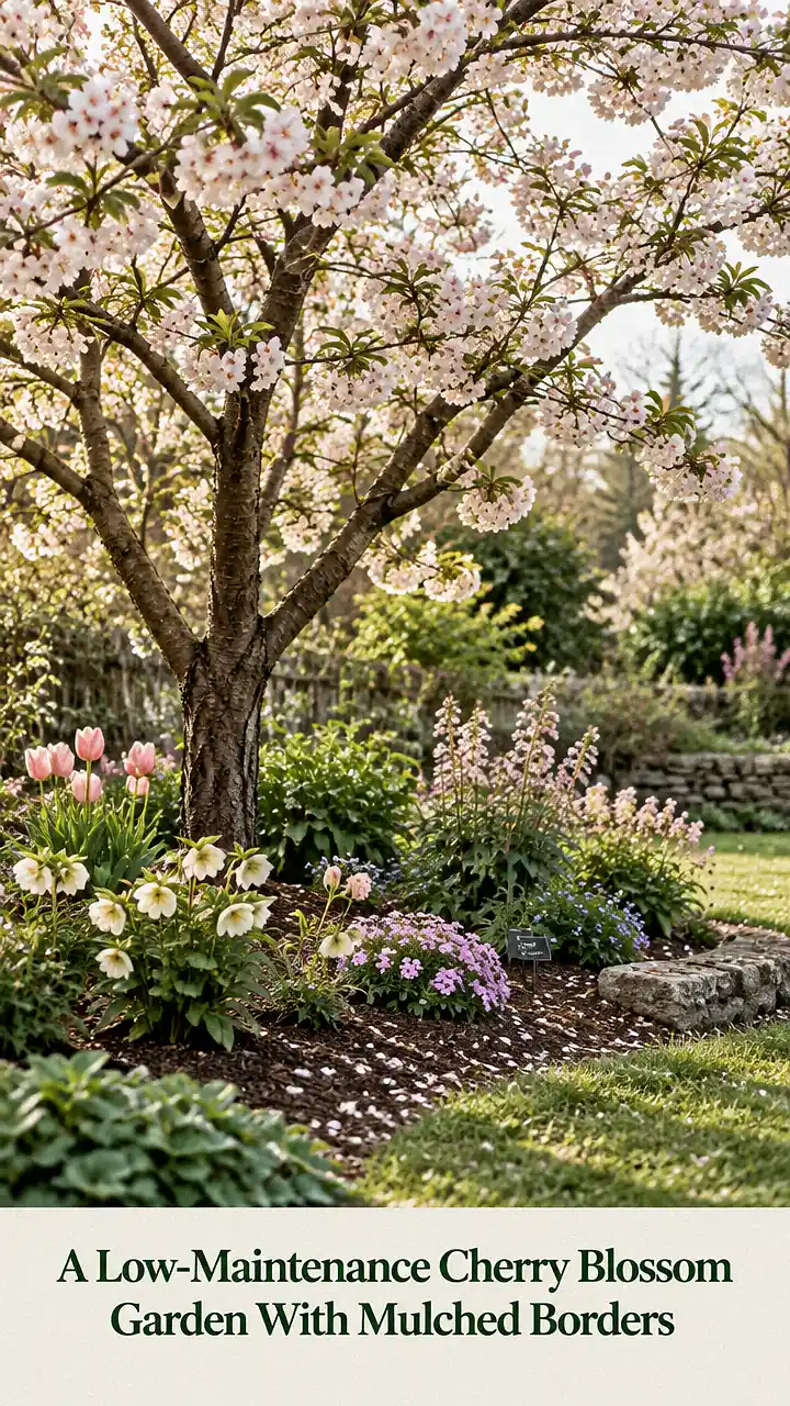 A Low-Maintenance Cherry Blossom Garden With Mulched Borders