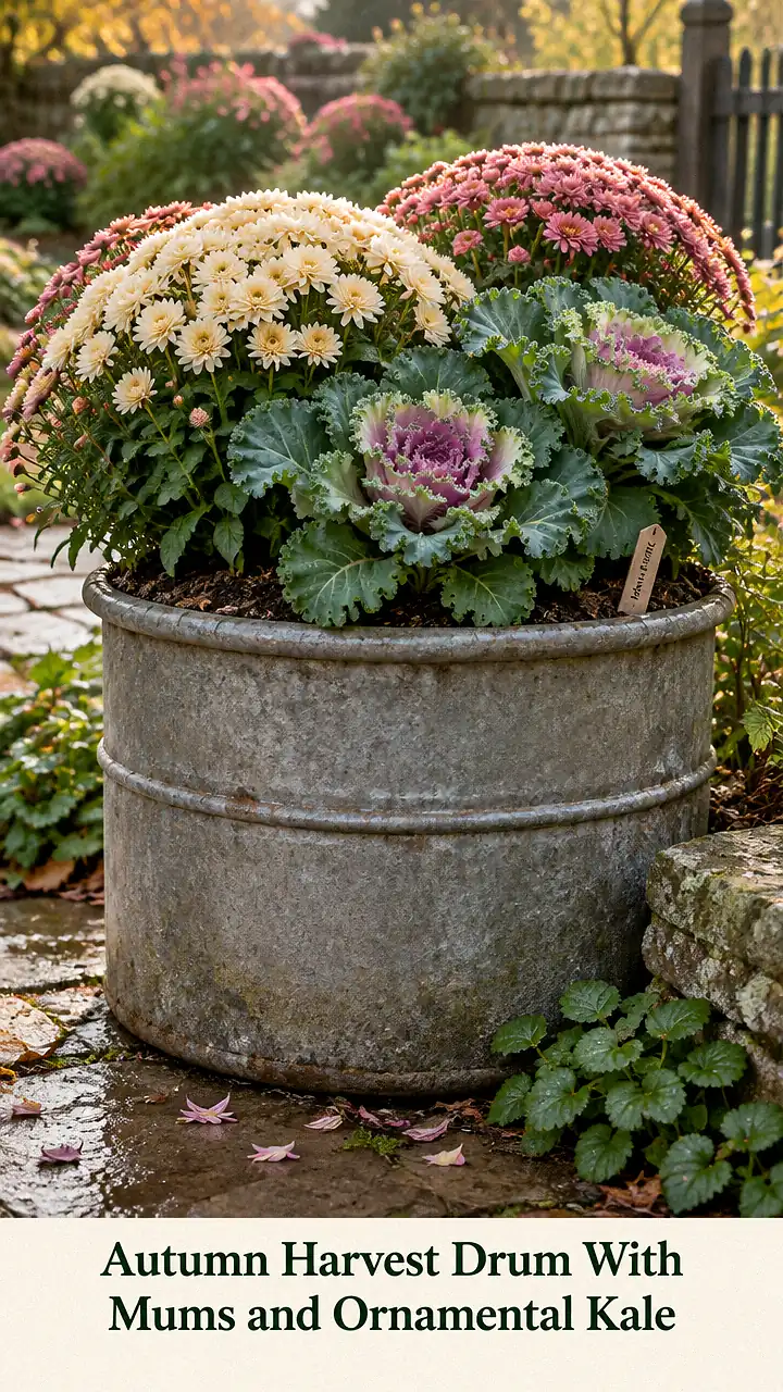 Autumn Harvest Drum With Mums and Ornamental Kale