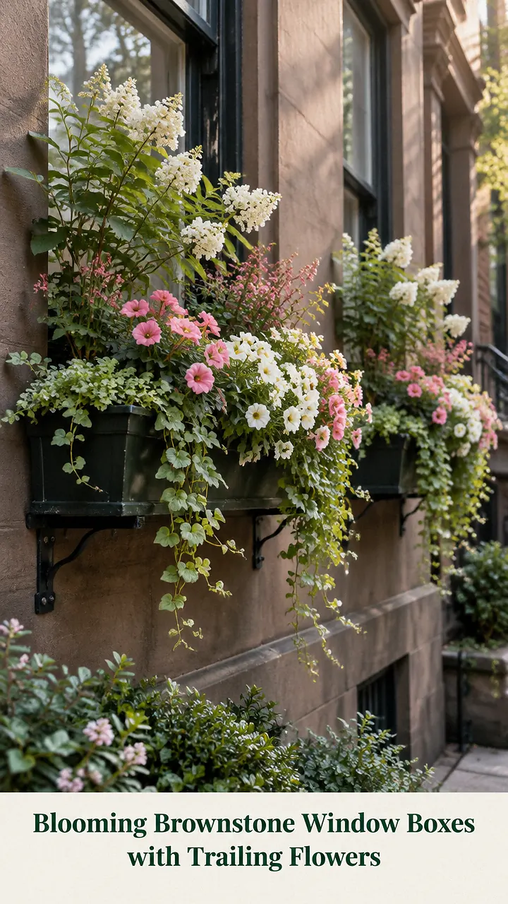 Blooming Brownstone Window Boxes with Trailing Flowers