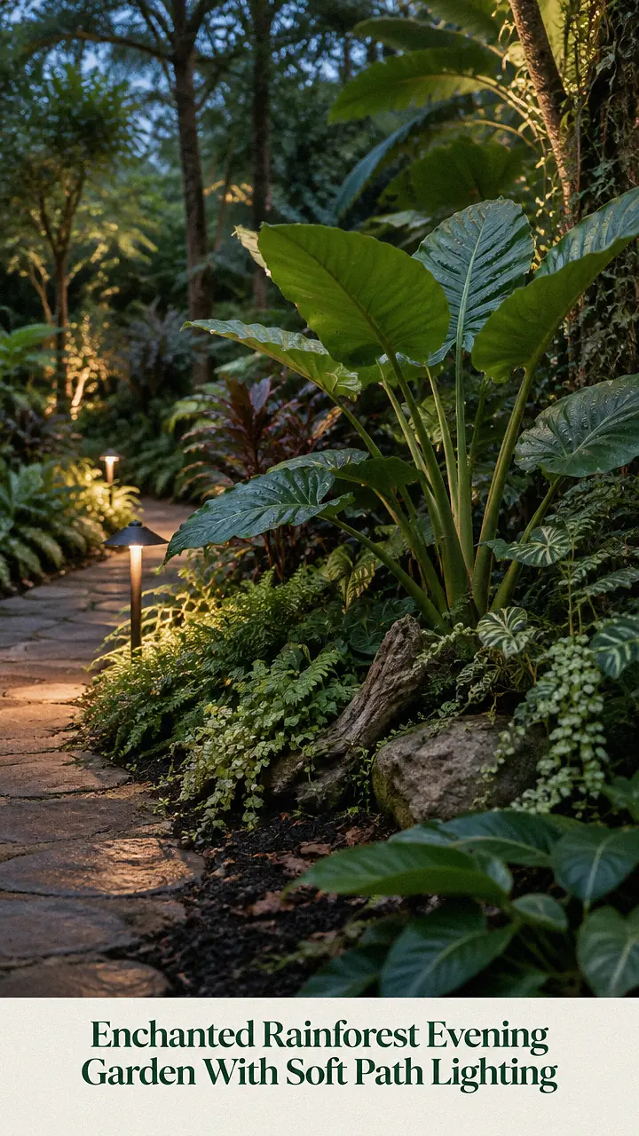 Enchanted Rainforest Evening Garden With Soft Path Lighting