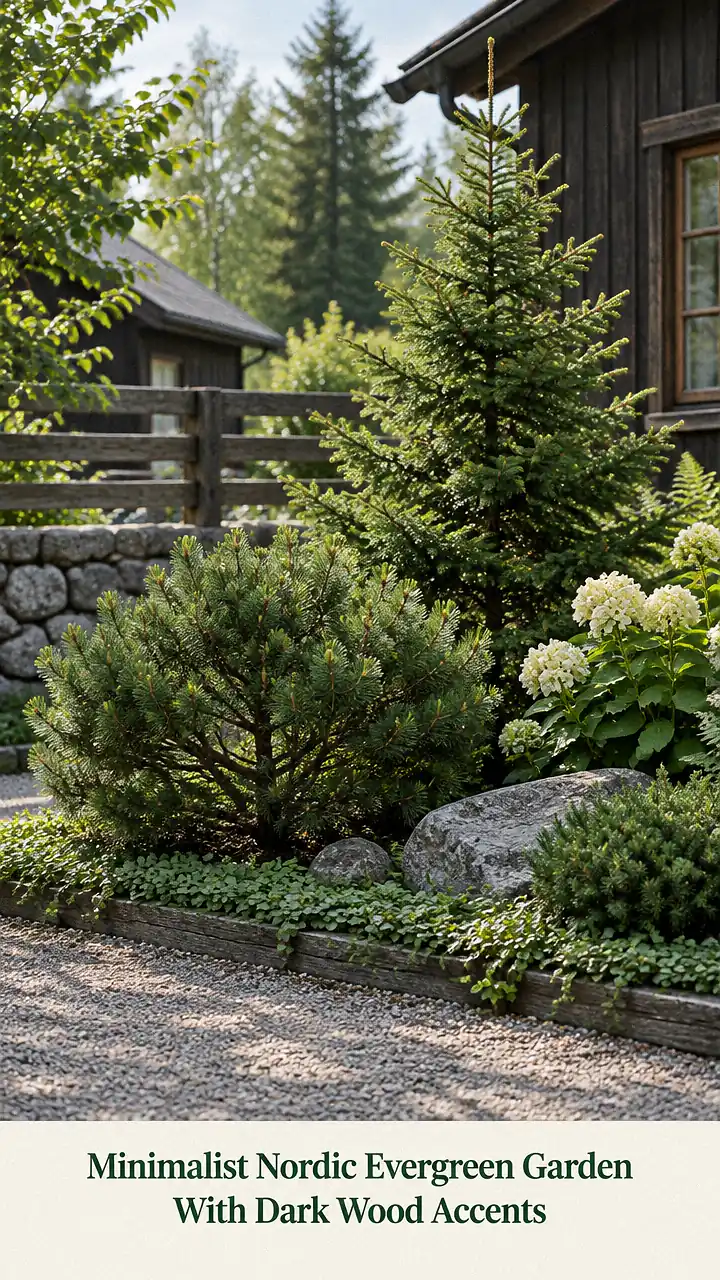 Minimalist Nordic Evergreen Garden With Dark Wood Accents