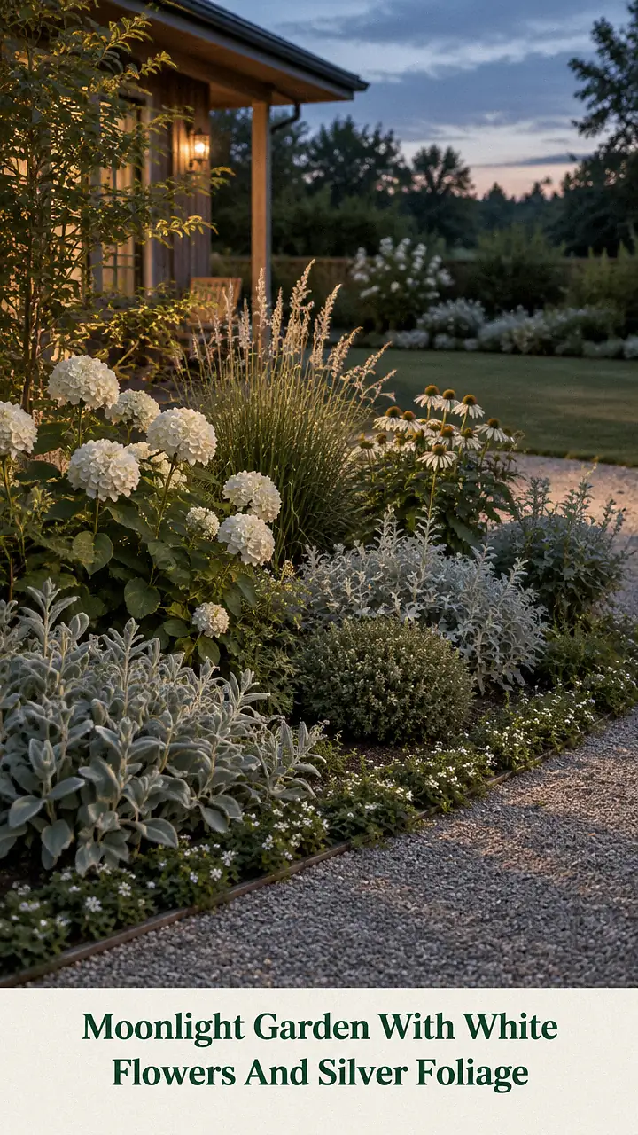 Moonlight Garden With White Flowers And Silver Foliage