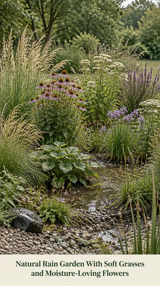 Natural Rain Garden With Soft Grasses and Moisture-Loving Flowers