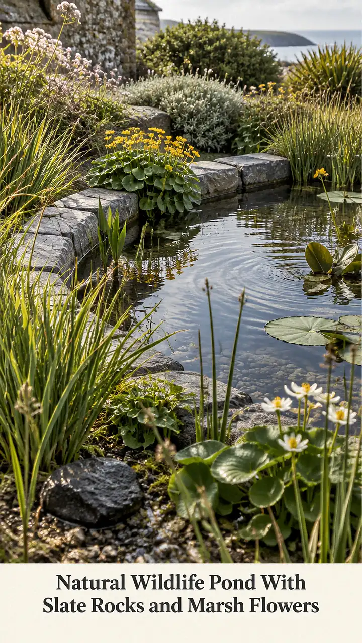 Natural Wildlife Pond With Slate Rocks and Marsh Flowers