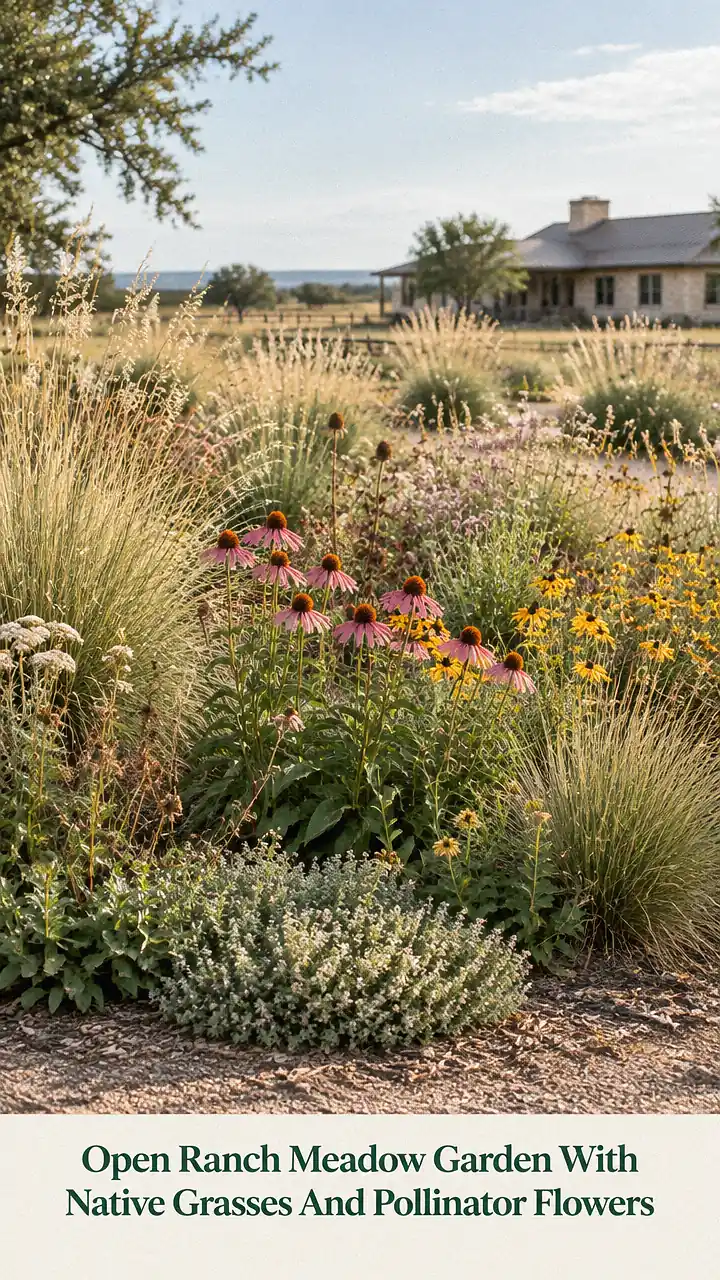 Open Ranch Meadow Garden With Native Grasses And Pollinator Flowers