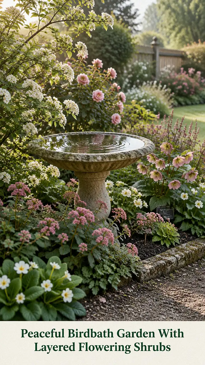 Peaceful Birdbath Garden With Layered Flowering Shrubs