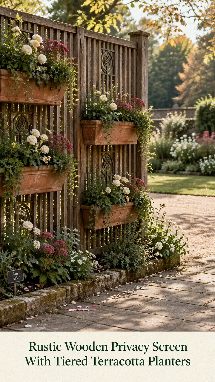 Rustic Wooden Privacy Screen With Tiered Terracotta Planters