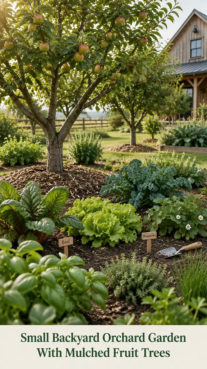Small Backyard Orchard Garden With Mulched Fruit Trees