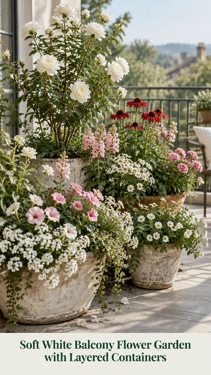 Soft White Balcony Flower Garden with Layered Containers