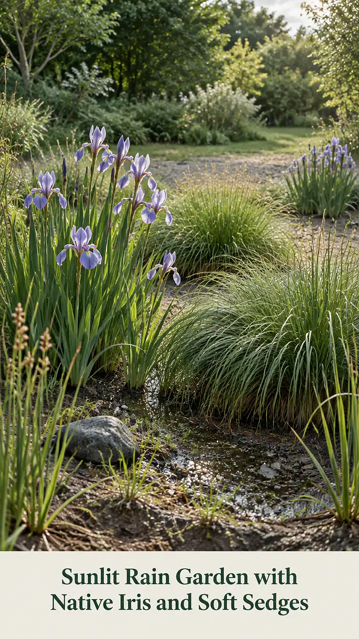 Sunlit Rain Garden with Native Iris and Soft Sedges