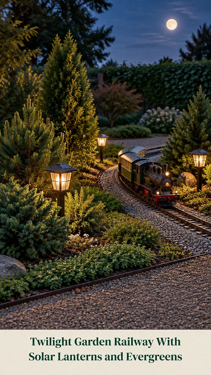 Twilight Garden Railway With Solar Lanterns and Evergreens