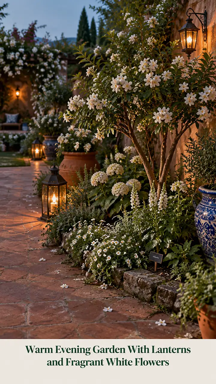 Warm Evening Garden With Lanterns and Fragrant White Flowers