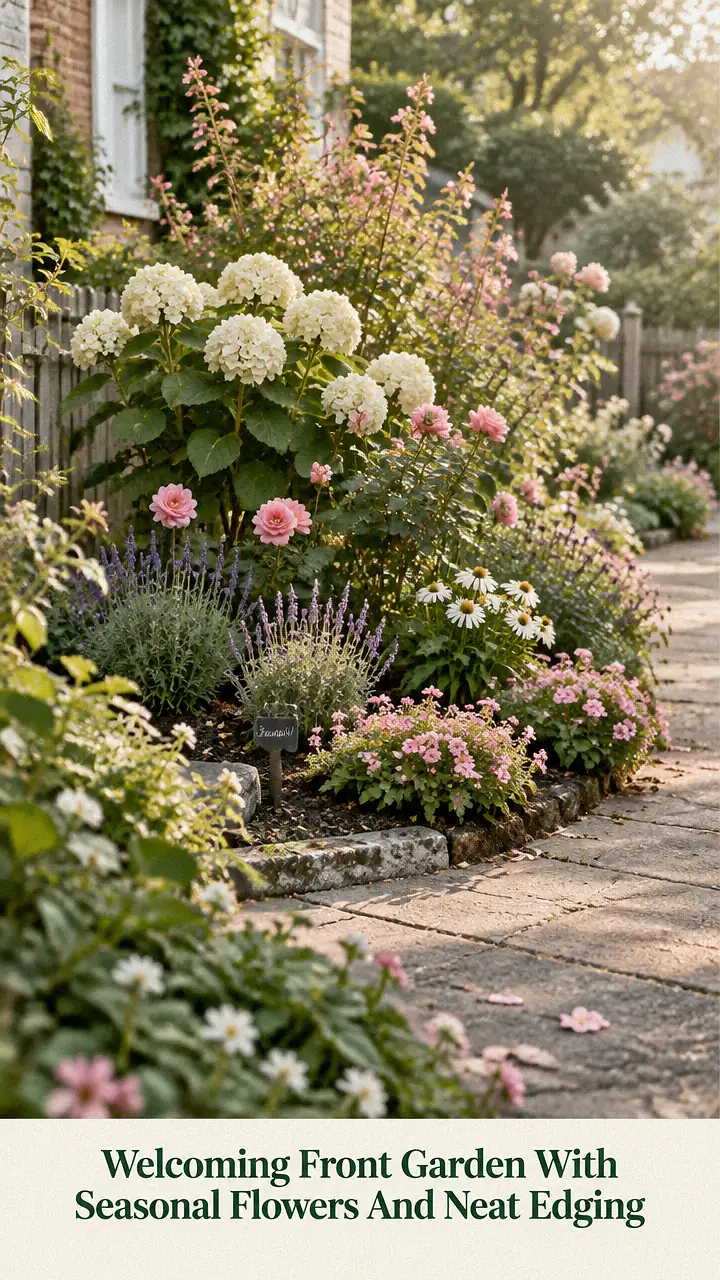 Welcoming Front Garden With Seasonal Flowers And Neat Edging