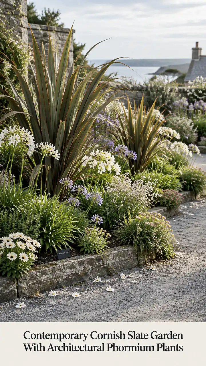 Contemporary Cornish Slate Garden With Architectural Phormium Plants