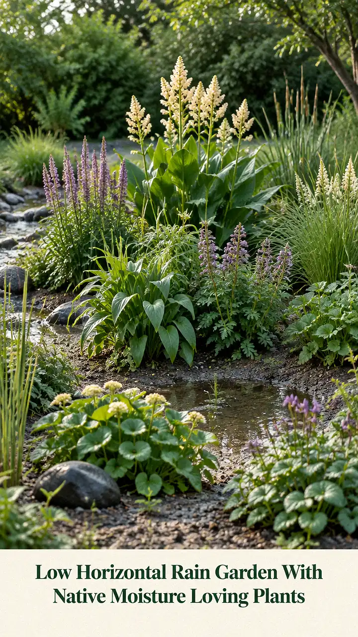 Low Horizontal Rain Garden With Native Moisture Loving Plants