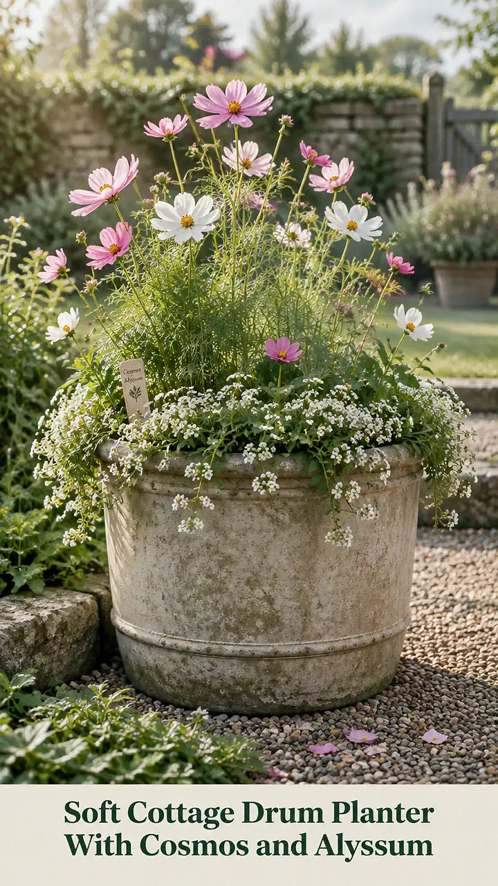 Soft Cottage Drum Planter With Cosmos and Alyssum