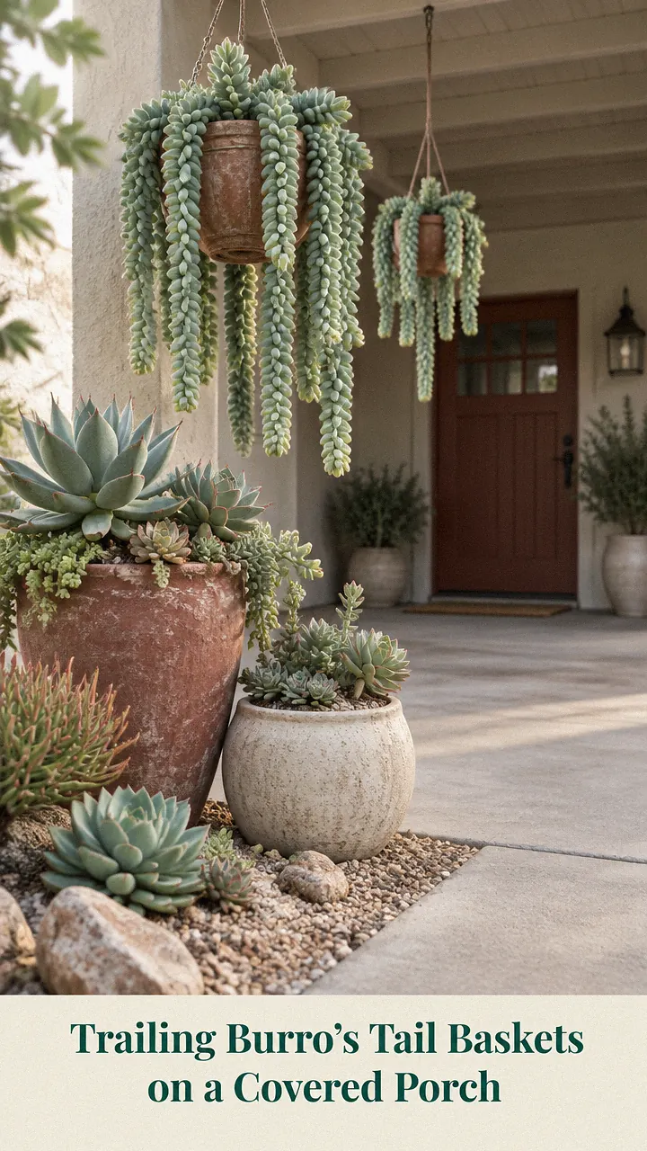 Trailing Burro's Tail Baskets on a Covered Porch