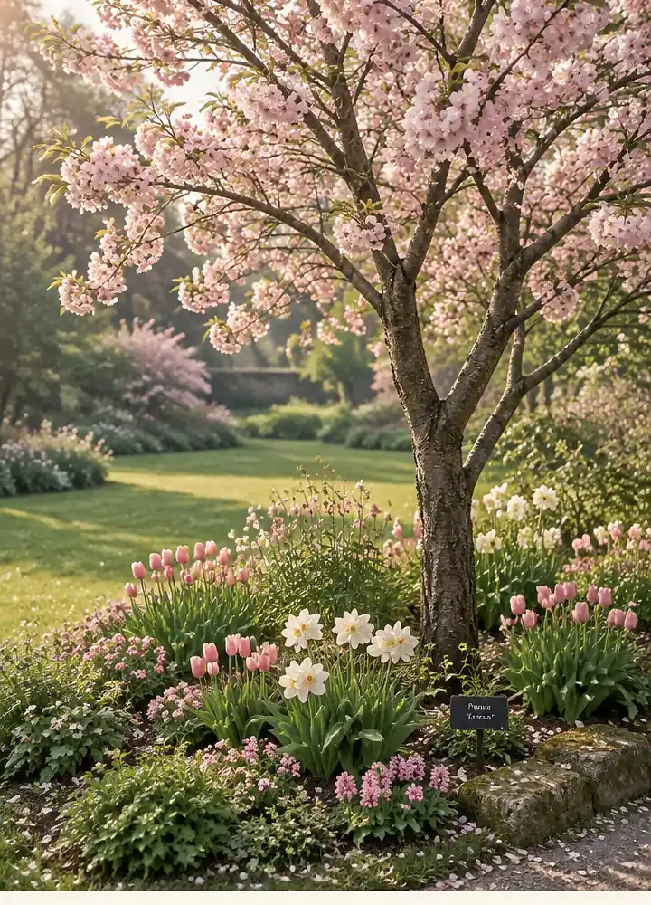 A Pink Cherry Blossom Tree Surrounded by Spring Flowers