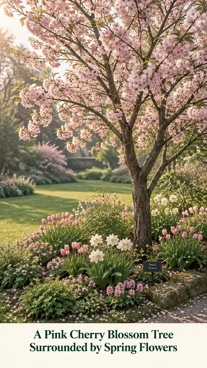 A Pink Cherry Blossom Tree Surrounded by Spring Flowers