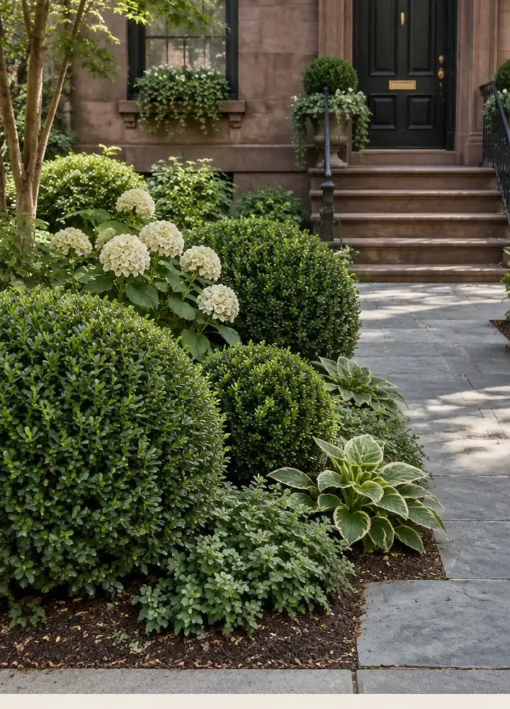 Classic Boxwood and Bluestone Brownstone Entry Garden