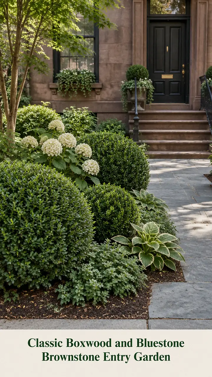 Classic Boxwood and Bluestone Brownstone Entry Garden