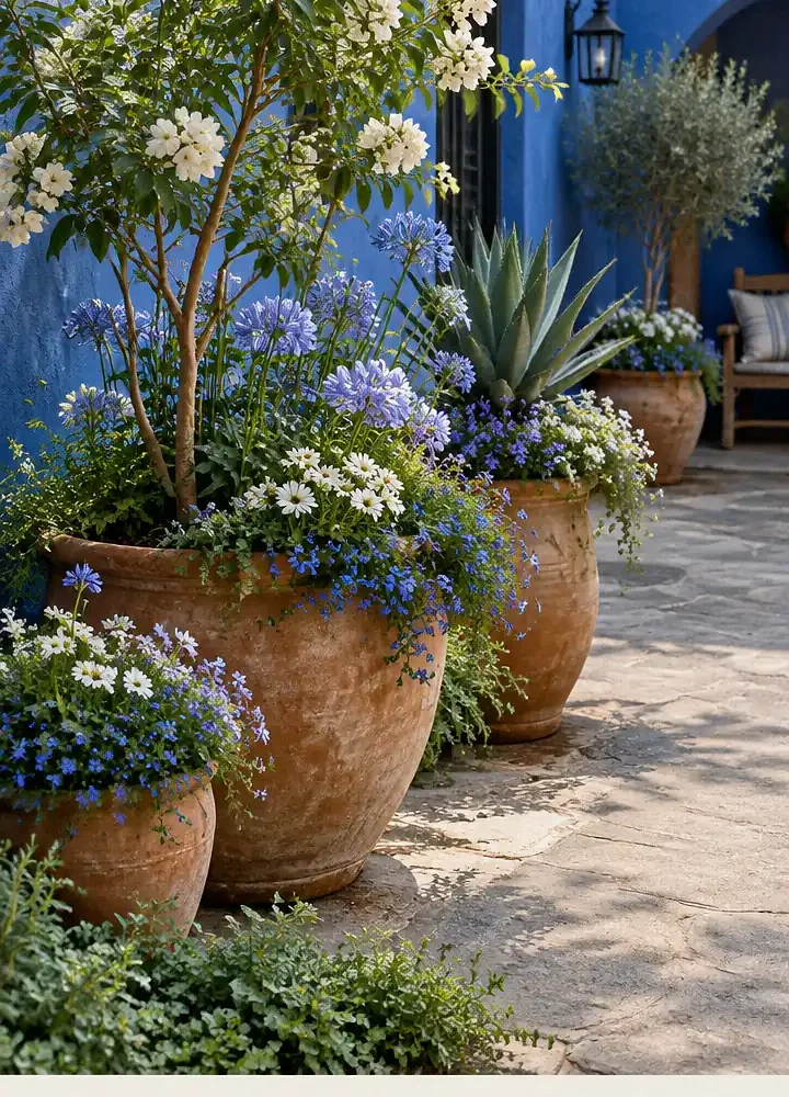 Cobalt Blue Courtyard Garden With Terracotta Planters