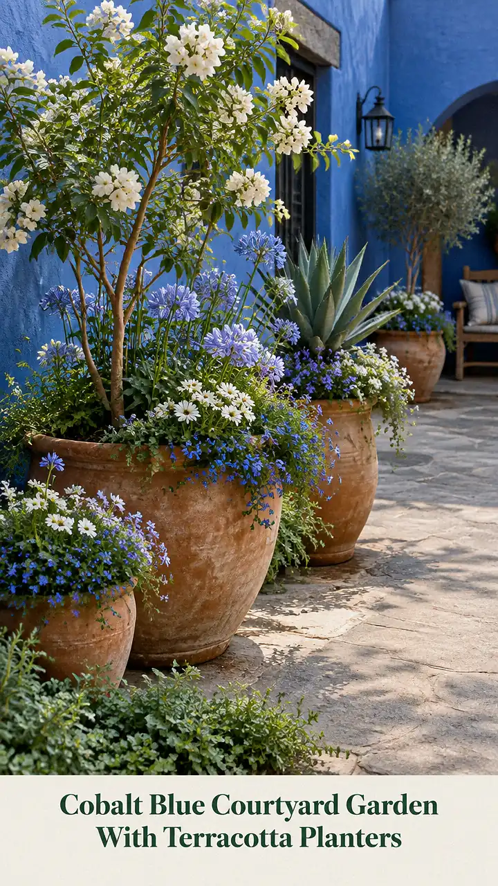 Cobalt Blue Courtyard Garden With Terracotta Planters