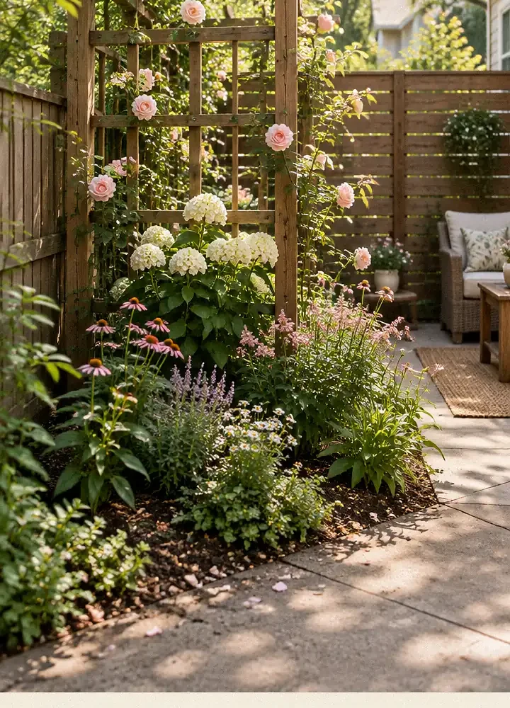 Cozy Backyard Patio With Wooden Privacy Trellis