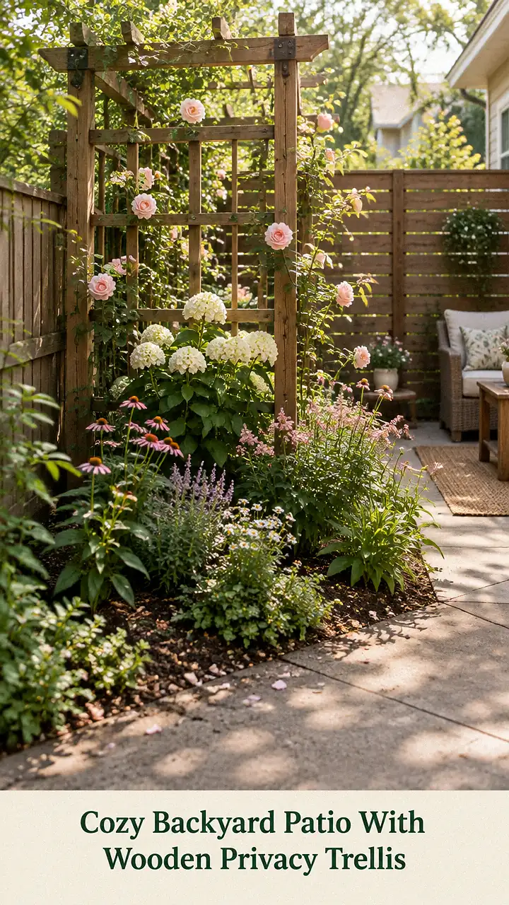 Cozy Backyard Patio With Wooden Privacy Trellis
