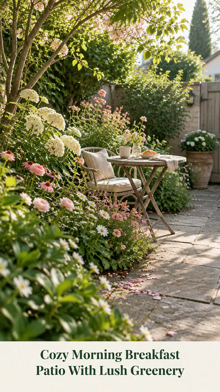 Cozy Morning Breakfast Patio With Lush Greenery