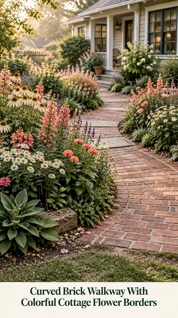 Curved Brick Walkway With Colorful Cottage Flower Borders