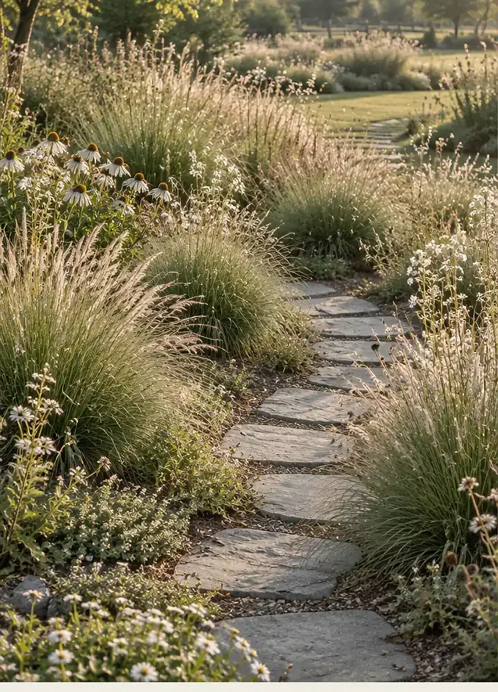 Curved Stone Pathway Through Soft Ornamental Grasses