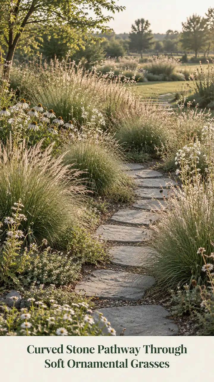 Curved Stone Pathway Through Soft Ornamental Grasses