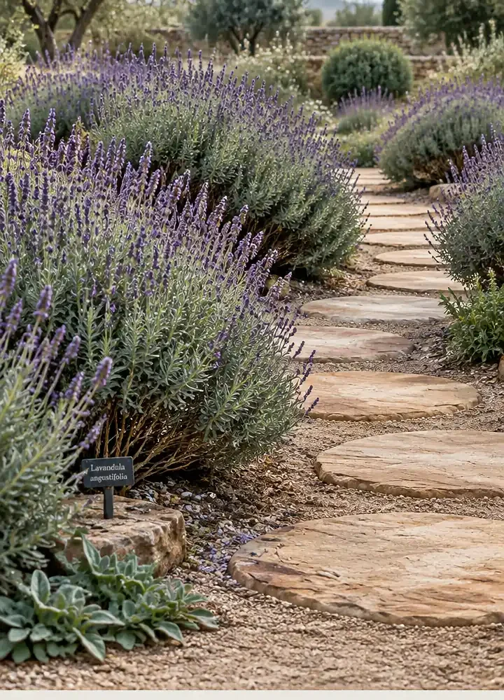 Curving Sandstone Stepping Stone Path Through Lavender