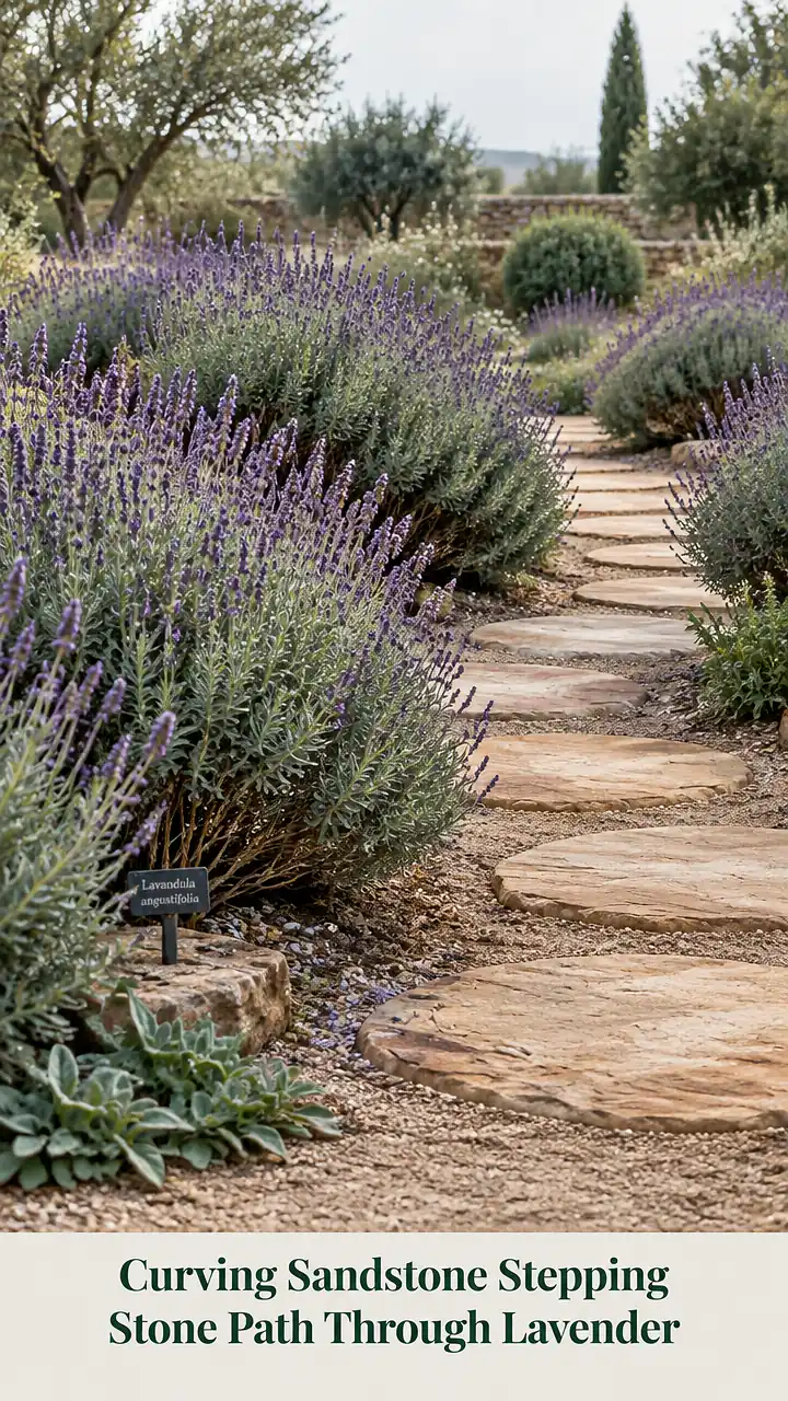 Curving Sandstone Stepping Stone Path Through Lavender